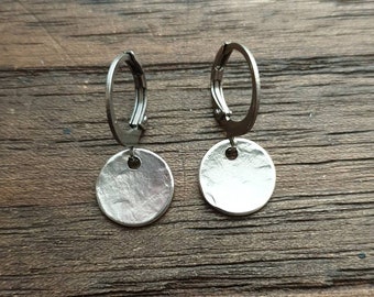 Hammered Circle Disc Leverback Earrings, 10mm Coin Disc, Stainless Steel Dangle Leverback or Hook Earrings. Can be Personalised