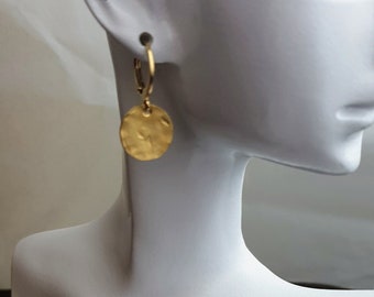 Gold Hammered Circle Disc Medium Leverback Earrings, Coin Disc Hoops, Hooks, Stainless Steel Dangle Leverback, Minimalist Earrings, 12mm