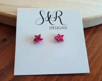 Hot Pink Star Resin Stud Earrings, Pink Glitter Star. Stainless Steel Minimalist Stud Earrings.