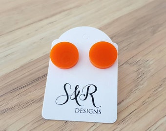 Orange Circle Stud Earrings, Acrylic Earrings, Stainless Steel Earrings.