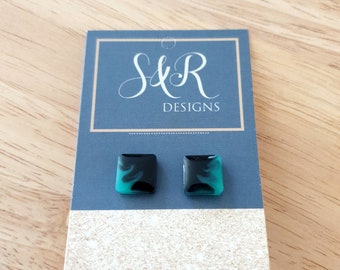 Square Resin Stud Earrings. Teal and Black, Stainless Steel Minimalist Stud Earrings. 10mm