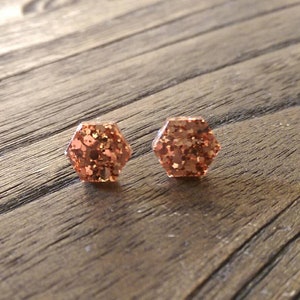 Hexagon Resin Stud Earrings, Rose Gold Copper Earrings. Stainless Steel Stud Earrings. 10mm or 6mm image 4