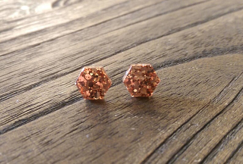 Hexagon Resin Stud Earrings, Rose Gold Copper Earrings. Stainless Steel Stud Earrings. 10mm or 6mm image 4