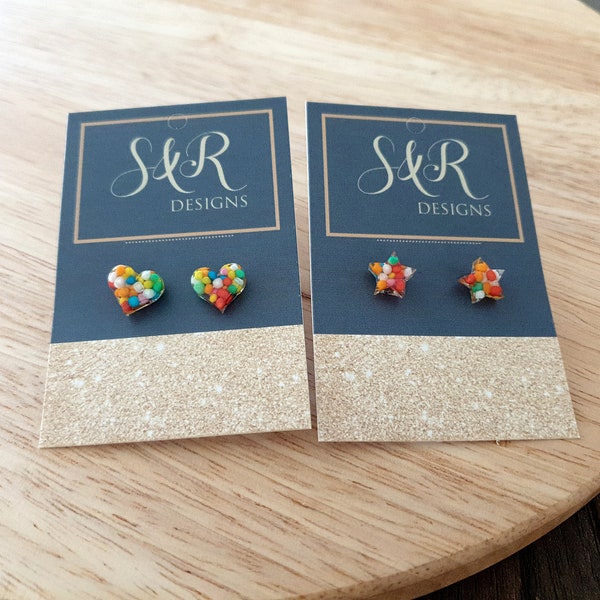 Multicoloured Resin Stud Earrings, Choose your Style. Heart or Stars 100s and 1000s Candy. Stainless Steel Minimalist Stud Earrings.