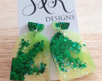 Emerald Green Lime Glitter Arch Earrings, Metalic Green With Holographic Fine Glitter Handmade Resin Dangles, Statement Earrings