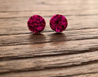 Circle Dot Resin Stud Earrings, Hot Pink Glitter Earrings. Stainless Steel Stud Earrings. 15mm, 12mm, 10mm or 8mm