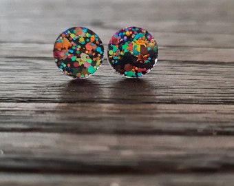 Circle Dot Resin Stud Earrings, Kaleidoscope Glitter Earrings, Rainbow Earrings, Stainless Steel Stud Earrings. 15mm, 12mm, 10mm or 8mm