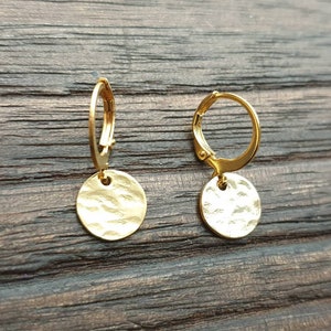 Gold Hammered Circle Disc Leverback Earrings, Coin Disc Hoops, Disc Hooks, Stainless Steel Dangle Leverback, Personalised Minimalist Earring