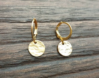 Gold Hammered Circle Disc Leverback Earrings, Coin Disc Hoops, Disc Hooks, Stainless Steel Dangle Leverback, Personalised Minimalist Earring