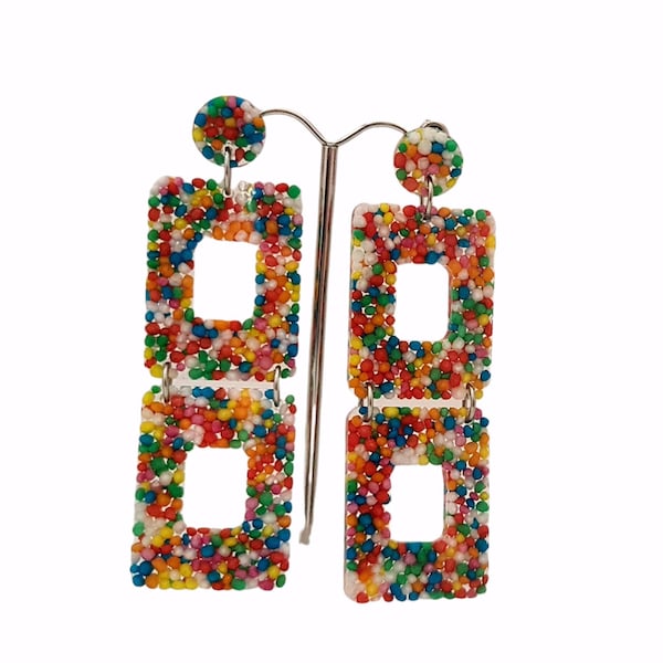 Long Square Sprinkle Earrings, Long Resin Dangles, Candy Earrings, 100s and 1000's real candy