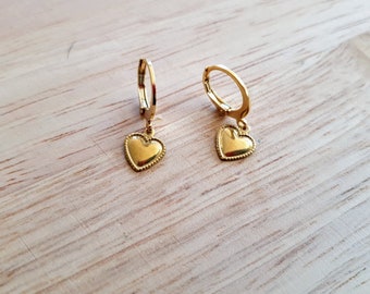 Gold Heart Earrings, Minimalist Heart Drop Earrings, Gold Stainless Steel Dangle Drops, Choose Leverback or Hook Earwire Earrings.