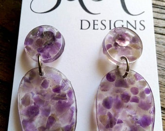 Statement Oval Long Resin Earrings, Purple Amethyst Resin Earrings, Gemstone Earrings, Amethyst Earrings, Stainless Steel Earrings.