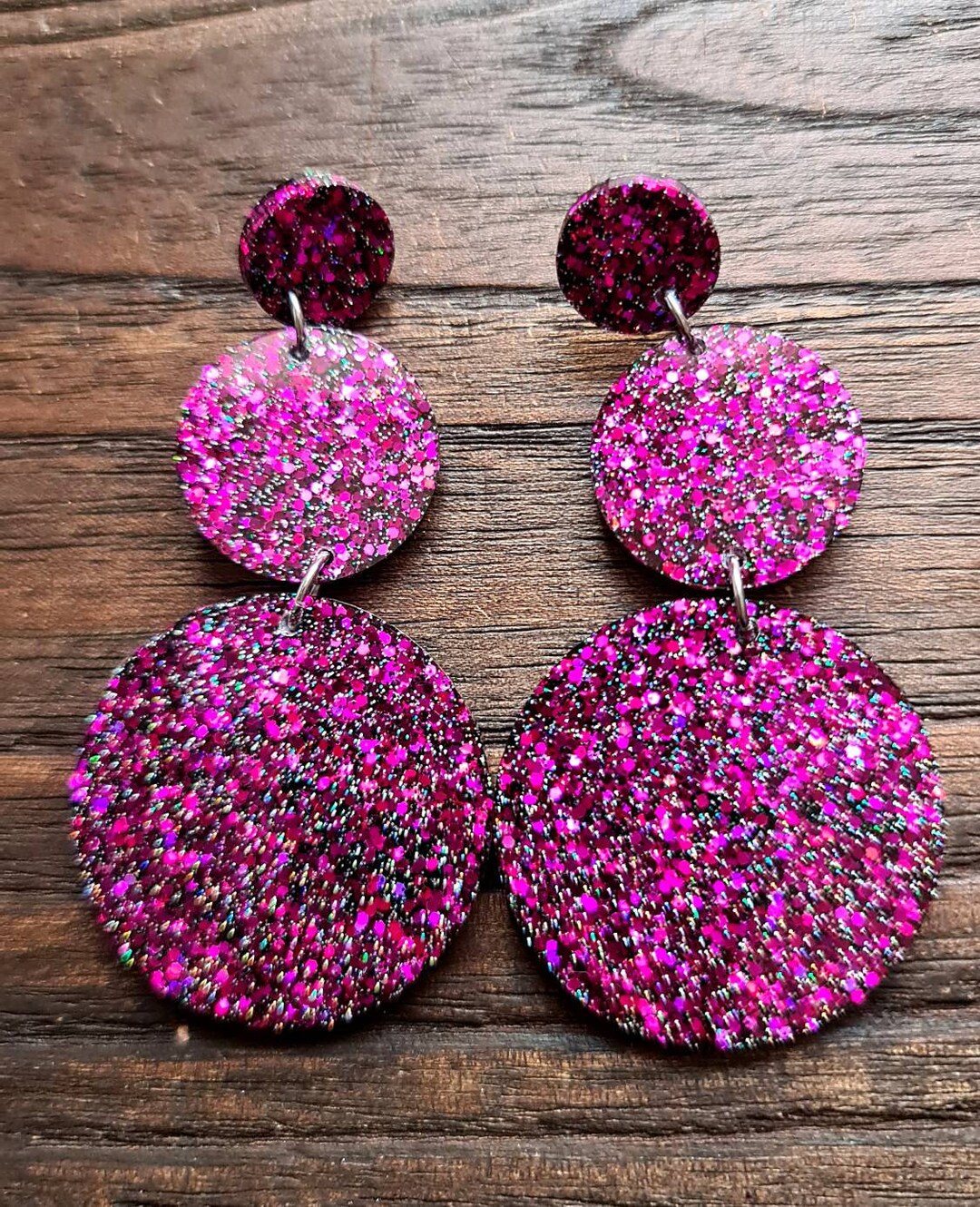 Circle Long Resin Earrings, Statement Hot Pink Black