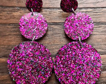 Circle Long Resin Earrings, Statement Hot Pink Black Holographic Glitter Earrings, Bridal Earrings, Bridesmaid, Stainless Steel Earrings.