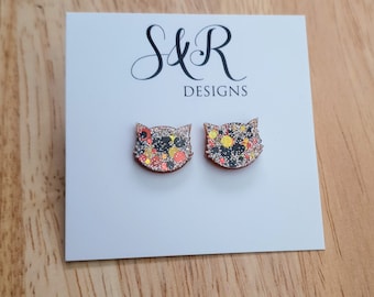 Fall Glitz Cat Earrings, Orange Black Gold Holographic Glitter Resin Stud Earrings, Cat Earrings made with Stainless Steel