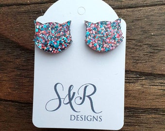 Cat Earrings, Cat Resin Stud Earrings, Confetti Glitter Earrings, Cat Glitter Earrings made with Stainless Steel.