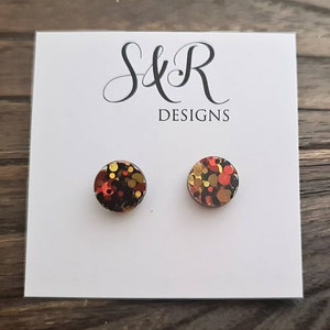 Circle Dot Resin Autumn Stud Earrings, Orange Gold Black Glitter Earrings, Stainless Steel Minimalis Studs. 15mm, 12mm, 10mm or 8mm image 1