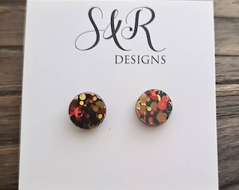 Circle Dot Resin Autumn Stud Earrings, Orange Gold Black Glitter Earrings, Stainless Steel Minimalis Studs. 15mm, 12mm, 10mm or 8mm