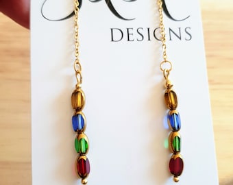 Gold Multicoloured Glass Beaded Threaders Drop Earrings, Stainless Steel with Red  Green, Blue and Yellow Gold Glass Beads