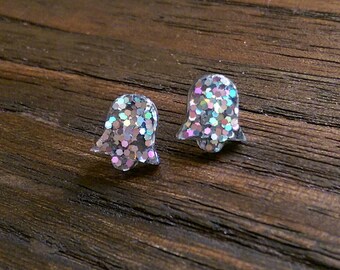 Bell Flower Resin Stud Earrings, Silver Holographic Glitter Earrings. Stainless Steel Stud Earrings.