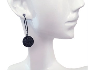 Black Hammered Circle Disc Hoop Hook Earrings, Coin Disc Hooks, Stainless Steel Dangle Leverback, Minimalist Earrings
