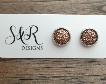 Rose Gold Faux Druzy Stud Earrings, Stainless Steel Earrings 10mm