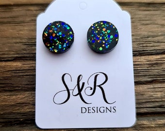 Black Circle Dot Resin Stud Earrings, Black Rainbow Glitter Earrings. Stainless Steel Stud Earrings. 12mm, 10mm or 8mm