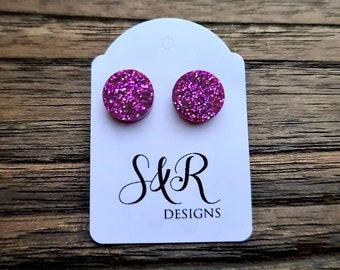 Circle Dot Resin Stud Earrings, Pink Glitter Earrings. Stainless Steel Stud Earrings. 12mm, 10mm or 8mm