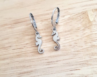 Silver Seahorse Earrings, Minimalist Stainless Steel Dangle Drops, Choose Leverback or Hook Earwire Earrings.