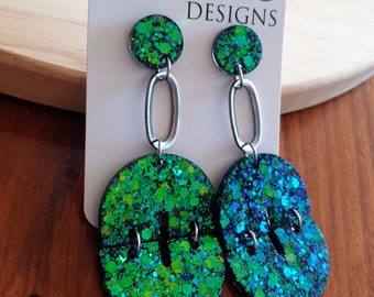 Statement Oval Arch Dangle Earrings, Chameleon Blue and Green Glitter Resin Dangles, Statement Handmade Earrings with Stainless Steel