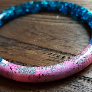 Resin Bangle Blue Silver Leaf, Glitter, Pink Ink 66mm Diameter image 1