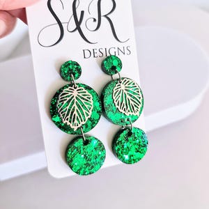 Silver Leaves Emerald Green Circle Long Resin Earrings, Statement Green Glitter Earrings, Stainless Steel Hypoallergenic Earrings.