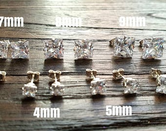 Sterling Silver Princess Cut CZ Stud Earrings: 3mm-9mm