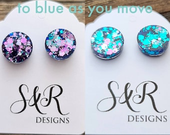 Chameleo Circle Dot Resin Stud Earrings, Pink Blue Chameleon Chunky Glitter Earrings. Stainless Steel Stud Earrings. 15mm, 12mm, 10mm or 8mm