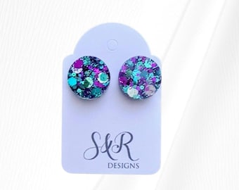 Circle Dot Resin Stud Earrings: Purple Teal Silver Glitter, Stainless Steel