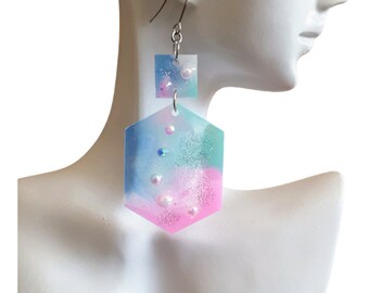 Pearl Rhinestones Hexagon Square Dangle Drop Hook Earrings, Blue,  Teal, Pink and White Glitter Resin Handmade Studs, Statement Earrings