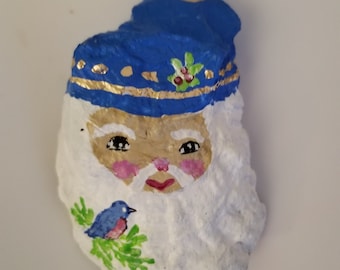 Hand-Painted Shell, Painted Oyster Shell, Blue Santa, Blue Hat Santa Claus, Old World Santa Ornament, Personalized Ornament, Sally Crisp