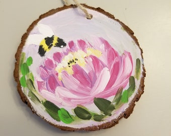 Wood Slice Ornament, Bee and Flower Art, Original Art, Personalized Ornament, Pink Peony Flower Art, Small Gift Idea, Bee Art, Sally Crisp
