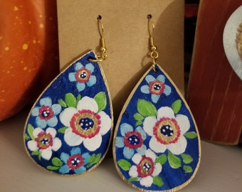 Hand-Painted Wooden Earrings, Painted Flower Earrings, Lightweight Earrings, Statement Earrings, Unique Earrings, Small Gift, Sally Crisp