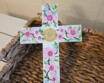 Floral Cross Wall Decor, Painted Wooden Wall Cross, Cross with Dogwood Flowers, Dogwood Flowers, Decorative Personalized Cross, Sally Crisp