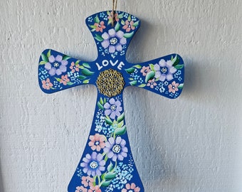 Hand-Painted Wood Cross with Flowers, Love Cross, Decorative Cross, Christian Gift, Baptism Gift, Name on Gift, Sympathy Gift, Sally Crisp