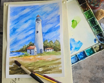 Original Watercolor Painting of Lighthouse, Nautical Art, Beach Artwork, White Lighthouse, Coastal Decor, Beach House Art, Sally Crisp