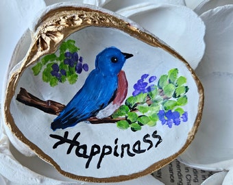 Hand-Painted Shell, Art on Seashell, Bluebird of Happiness Art, Bluebird Gift, Happiness Art, Bird Lover Gift, Ring Dish, Sally Crisp