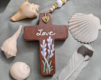 Floral Wall Cross, Painted Wood Cross, Personalized Cross, Car Mirror Cross, Sympathy Gift, Small Wooden Cross, Spiritual Gift, Sally Crisp