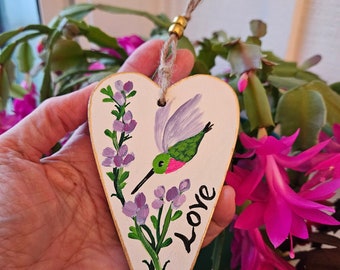 Hummingbird Art, Hummingbird Gift, Painted Wood Heart Art, Valentine's Day Gift, Bird Art, Small Wall Art, Original Artwork, Sally Crisp