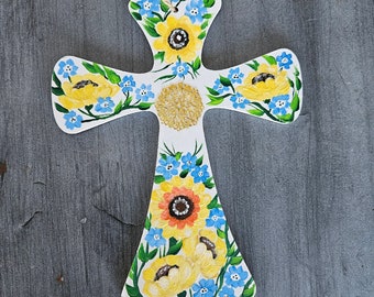 Painted Cross Art, Wood Easter Cross, Cross Decor, Painted Cross with Sunflowers, Easter Gift, Baptism, First Communion Gift, Sally Crisp