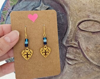 Dainty Gold Heart Earrings, Beaded Boho Earrings, Blue Bead Earrings, Cross Jewelry, Small Gift Idea for Her, Handmade Jewelry, Sally Crisp