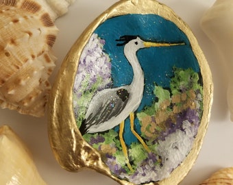 Hand-Painted Shell, Seashell Art, Heron Artwork, Bird Lover Gift, Art on Shell, Shell Decor, Bird Art, Ring Dish with Bird, Sally Crisp