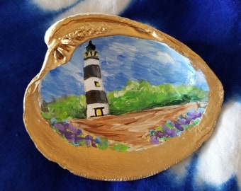 Hand Painted Shell, Lighthouse Gift, Beach, Painted Seashell, Lighthouse on Shell, Lighthouse Art, Original Art, Small Painting, Sally Crisp