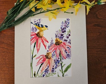 Watercolor Art Print of Flowers, Goldfinch Art, Bird Painting, Original Painting, Coneflowers and Goldfinch, Bird Lover Gift, Sally Crisp